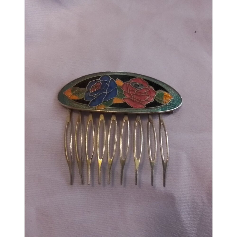 Vintage Cloissone Metal Hair Comb with Enamel Rose Floral Design Gold-Tone